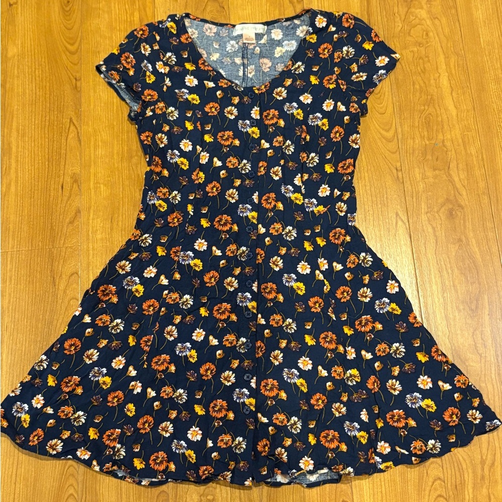 Band of Gypsies Floral Dress in Navy, Pumpkin and Mustard Floral  Print - Size S